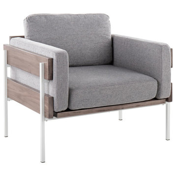 Kari Accent Chair, White Metal, Gray Wood, Light Gray Fabric
