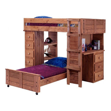 Chelsea Home Twin Over Twin Student Loft Bed w/ Panel HB/FB & Desk & Chest Ends