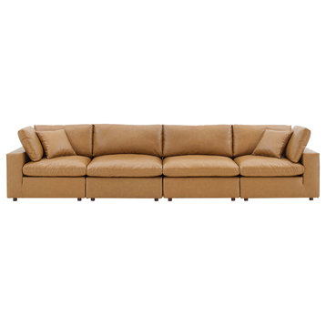 Commix Down Filled Overstuffed Vegan Leather 4-Seater Sofa, Tan