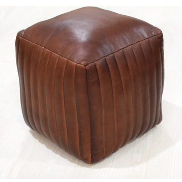 Solid Handmade Leather Pouf (Recycled Foam with Fibre Fill), Brown, 14x14x14 Square