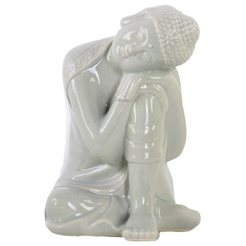 Ceramic Sitting Buddha Sculpture With Rounded Shisha, Gray