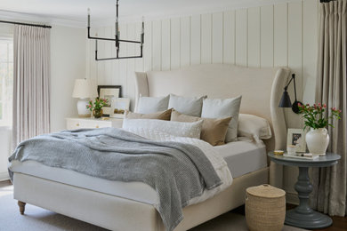 Bedroom - transitional dark wood floor, brown floor and shiplap wall bedroom idea in Toronto with beige walls