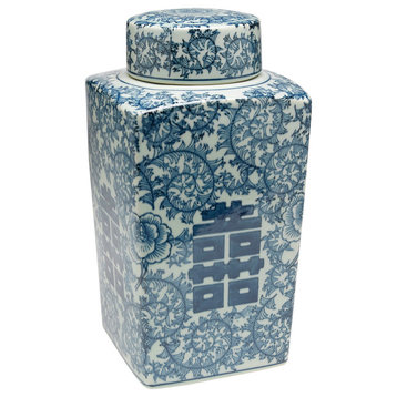Antiqued Pale Green and Blue Square Jar With Lid