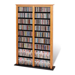 Prepac Barrister Double Width CD DVD Media Storage Tower in Oak and Black - Media Racks And Towers