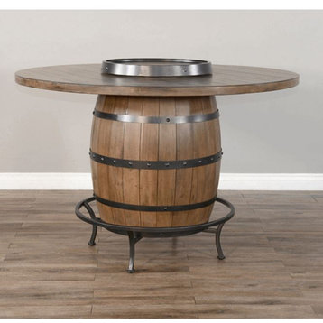 Unique Round 54" Counter Height Rustic Barrel Pub Table Warm Walnut