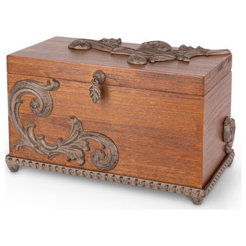 Birch Wood Hinged-Lid Box With Metal Acanthus Leaf-Accent and Base