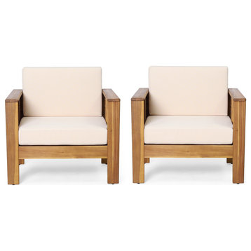 Rabun Outdoor Acacia Wood Club Chairs with Cushions, Teak/Cream, Set of 2