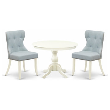 3 Pc Set, Linen White Small Kitchen Table, 2 Baby Blue Chairs Button Tufted