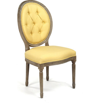 Medallion Tufted Linen Side Chair, Yellow Linen