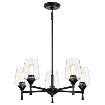 5-Light Matte Black Modern Chandelier With Clear Glass Shades