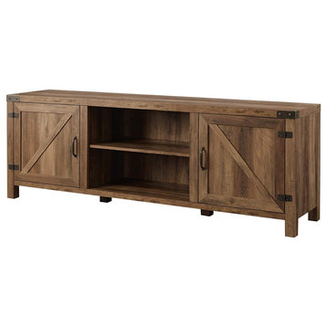 Charming TV Stand, 2 Barn Doors and Open Shelf With Metal Accents, Rustic Oak