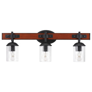 3-Light Vanity Light, Dark Faux Wood, Clear Seeded Glass Shade