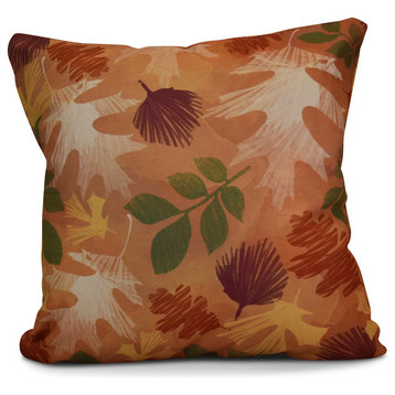 Watercolor Leaves Floral Print Outdoor Pillow, Rust, 16"x16"