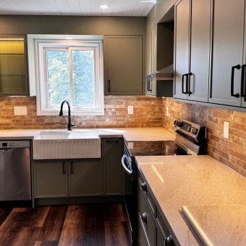 Sage Green Modern Farmhouse Kitchen with Brick BacksplasModern Farmhouse Kitchen