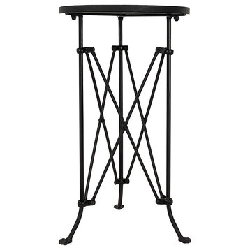 Round Pine Wood Accent Table With Metal Frame, Black