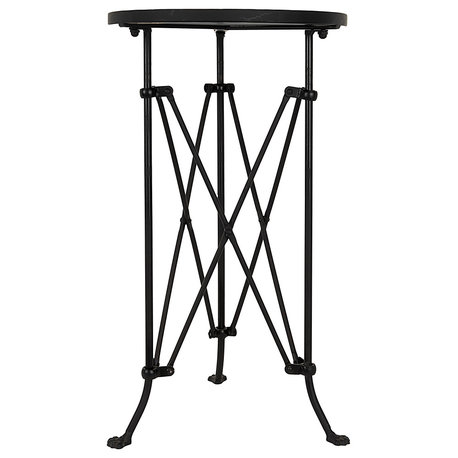 Round Pine Wood Accent Table With Metal Frame, Black