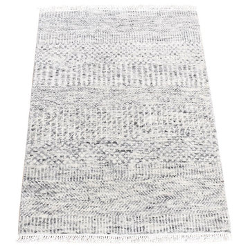 Silver Gray, Hand Knotted Modern Grass Design, Wool, Mat Rug, 2'x3'