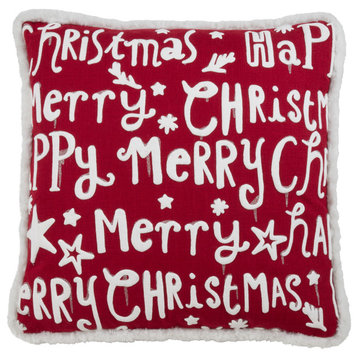 Christmas Pillow With Merry Happy Christmas Print, 18"x18", Red, Down Filled