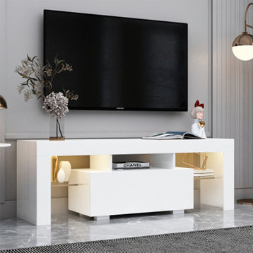 White TV Stand MDF Large TV Base  with LED Light TV Cabinet.