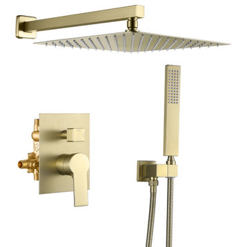 One Handle High Pressure Shower Faucet with Hand Shower and Brass Valve, Brushed Gold, 10inch