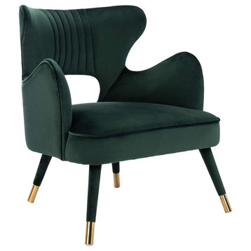 Mid Century Accent Chair, Golden Legs With Velvet Seat & Open Back, Forest Green