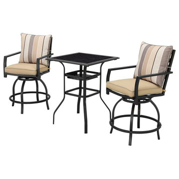 3 Pieces Patio Bistro Set, Square Table With Swiveling Cushioned Stools, Beige
