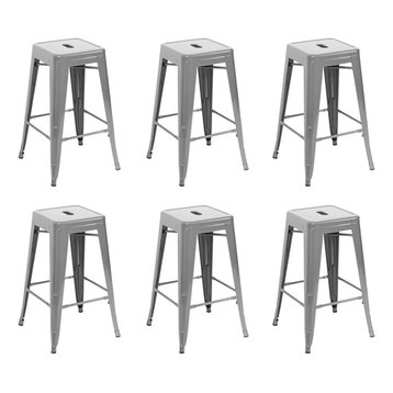 26" Metal Stackable Vintage-Style Counter Stools , Set of 6, Silver