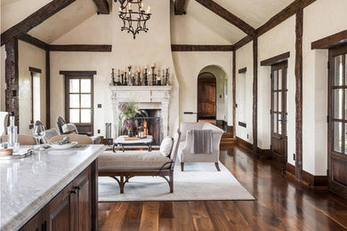 Example of a mid-sized transitional formal and open concept dark wood floor living room design in Other with beige walls, a standard fireplace and a plaster fireplace