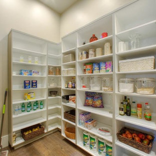 Large transitional kitchen pantry ideas - Example of a large transitional single-wall medium tone wood floor kitchen pantry design in Orange County with open cabinets and white cabinets