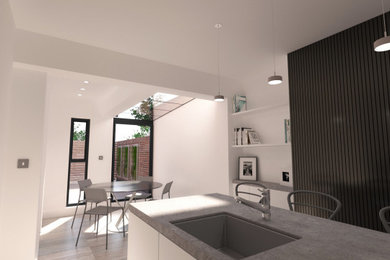 Design ideas for a contemporary open plan kitchen in West Midlands with granite worktops, porcelain flooring, an island, grey floors and grey worktops.