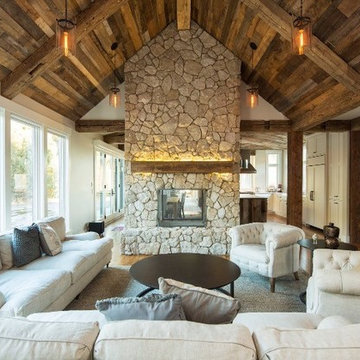 Reclaimed Wood Ceiling Paneling, Box Beams, Timber Trusses, & Fireplace Mantel