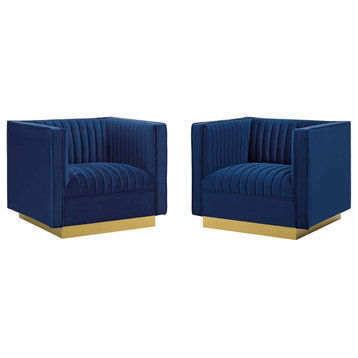 Tufted Armchair Accent Chair, Set of 2, Velvet, Blue Navy, Modern, Lounge