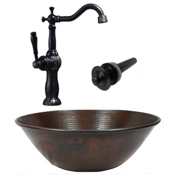14" Round Copper Vessel Bath Vanity Sink, 13" ORB Clayborne Faucet & Drain