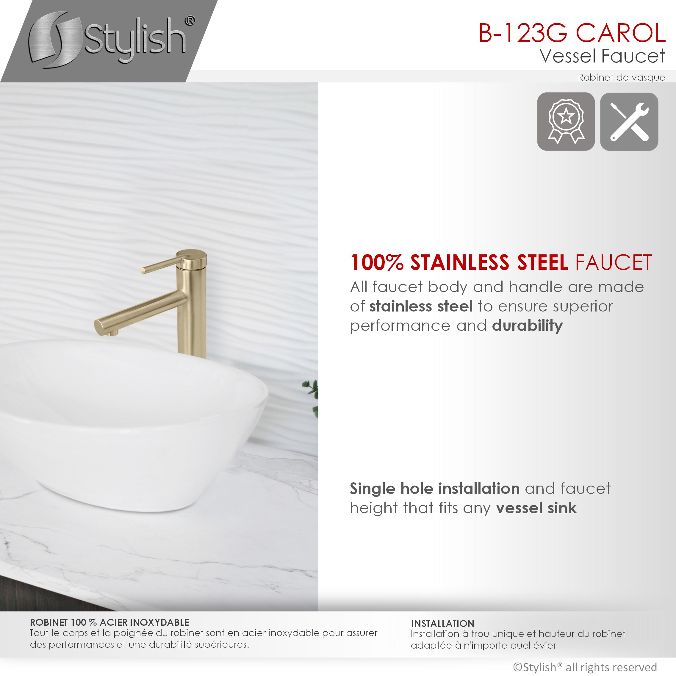 STYLISH Single Handle Bathroom Vessel Sink Faucet, Stainless Steel Brushed Gold