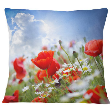 Lovely Red Poppies on Sky Background Floral Throw Pillow, 18"x18"