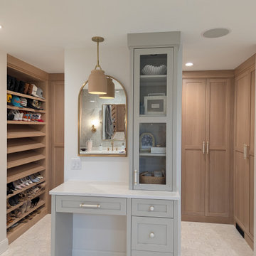 Amish Frameless White oak primary bath and closet with painted vanity