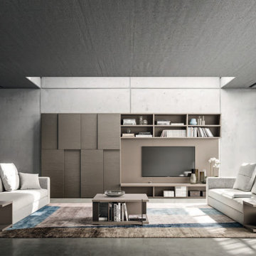 Modern beige and white living room with entertainment center