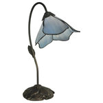 Dale Tiffany - Dale Tiffany TT12145 Poelking - One Light Table Lamp - Our Poleking series of table lamps is an easy way to add unique color and charm to any room of your home. This 1 light lily lamp features a single gossamer lily blossom in light blue art glass. Each of the 5 panels feature fluid, graceful edges that faithfully recreate a delicate lily blossom. The shade hangs from a gracefully curved stem flowing from an intricately carved metal base, finished dark antique bronze. This 1 light lamp adds a splash of color on a bookshelf and is also a beautiful desk lamp. No matter how you choose to display it, this charming lamp is destined to become a treasured family heirloom to be enjoyed for generations to come.   Shade Included.  Cube: 1.45Poelking One Light Table Lamp Dark Antique Bronze Hand Rolled Art Glass *UL Approved: YES *Energy Star Qualified: n/a  *ADA Certified: n/a  *Number of Lights: Lamp: 1-*Wattage:25w E12 bulb(s) *Bulb Included:No *Bulb Type:E12 *Finish Type:Dark Antique Bronze