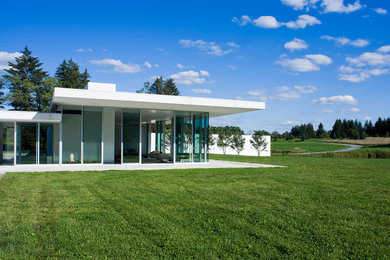 Example of a minimalist white one-story stucco exterior home design in Other