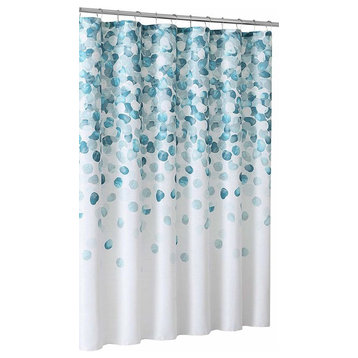 Blue Teal Aqua White Fabric Shower Curtain: Geometric Cascading Design