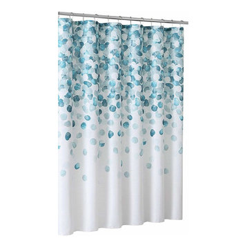 Blue Teal Aqua White Fabric Shower Curtain: Geometric Cascading Design