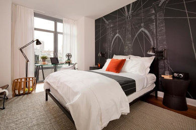 Bedroom - mid-sized transitional master medium tone wood floor and brown floor bedroom idea in New York with no fireplace and white walls
