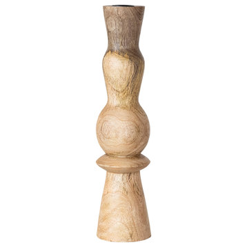 Round Wood Hand-Carved Taper Candle Holder, Natural