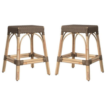 Home Square Coastal Modern Rattan Counter Stool in Brown - Set of 2