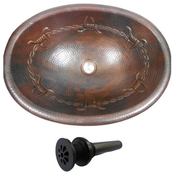 19" Oval Copper Bathroom Sink With Barbed Wire Design With Daisy Drain