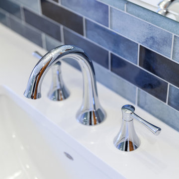 Blue Subway Tile Bathroom Backsplash with Polished Chrome Fixtures – Ipswich MA