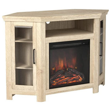 Corner Entertainment Center, Glass Cabinet Doors and Fireplace, White Oak