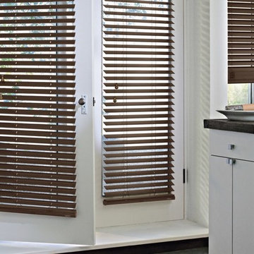 White Kitchen with Dark Wood Blinds