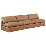 Meridian Furniture - Comfy Upholstered Modular Sofa, Cognac, 3-Piece: 3 Armless Chair, Vegan Leather - Give your space a whole new look with this cognac Comfy vegan leather sofa. This handsome sofa fits nicely with other items in the Comfy collection and is a versatile seating option designed for adaptability, comfort and style. Wrapped in rich cognac durable vegan leathered upholstery, this sofa offers a plush embrace of overstuffed down feather cushions, carefully crafted to deliver the highest level of comfort. The perfect seat for creating an oasis for relaxation, this sofa has thick foam surrounding its frame for added support and coziness.