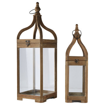 Square Wood Lantern with Metal Top Ring Hanger, Glass Sides, Brown, Set of 2